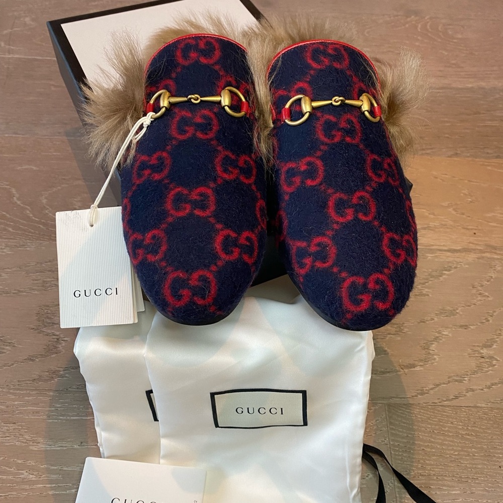 New Gucci Women's Princetown GG wool slipper Blue and red GG wool 39